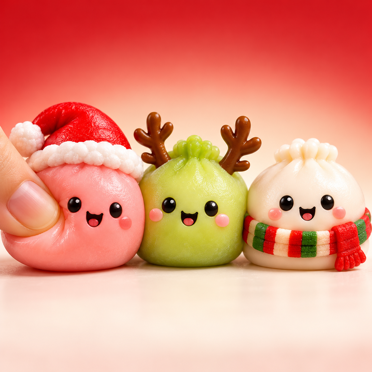 Gros plan sur trois squishies dumplings de Noël