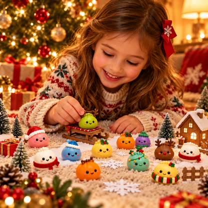 Enfant qui joue avec ses squishies dumplings près du sapin
